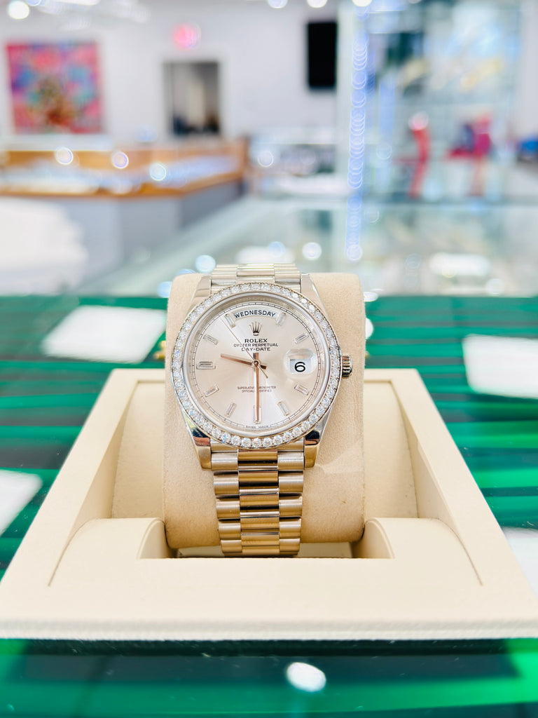 Rolex Day-Date 40 228349RBR President White Gold Factory Silver Baguette Diamond Dial & Diamond Bezel MINT - Diamonds East Intl.