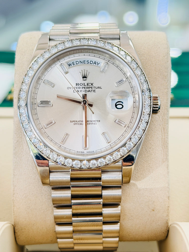 Rolex Day-Date 40 228349RBR President White Gold Factory Silver Baguette Diamond Dial & Diamond Bezel MINT - Diamonds East Intl.