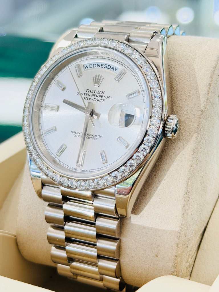 Rolex Day-Date 40 228349RBR President White Gold Factory Silver Baguette Diamond Dial & Diamond Bezel MINT - Diamonds East Intl.