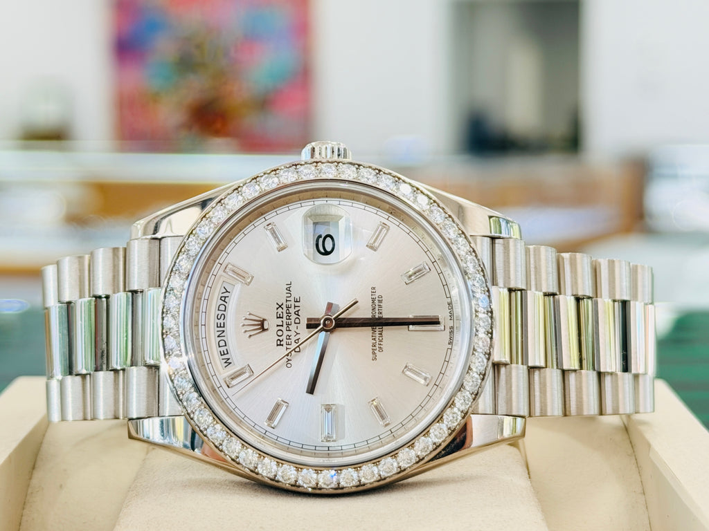 Rolex Day-Date 40 228349RBR President White Gold Factory Silver Baguette Diamond Dial & Diamond Bezel MINT - Diamonds East Intl.