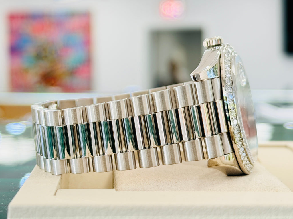 Rolex Day-Date 40 228349RBR President White Gold Factory Silver Baguette Diamond Dial & Diamond Bezel MINT - Diamonds East Intl.