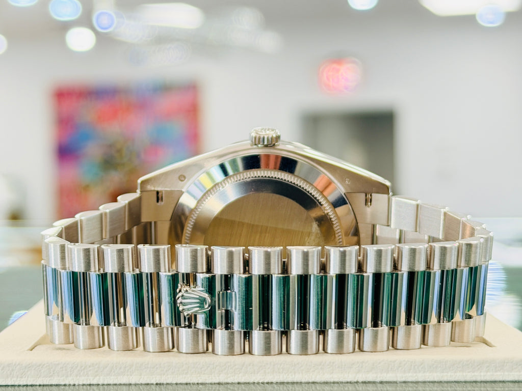 Rolex Day-Date 40 228349RBR President White Gold Factory Silver Baguette Diamond Dial & Diamond Bezel MINT - Diamonds East Intl.