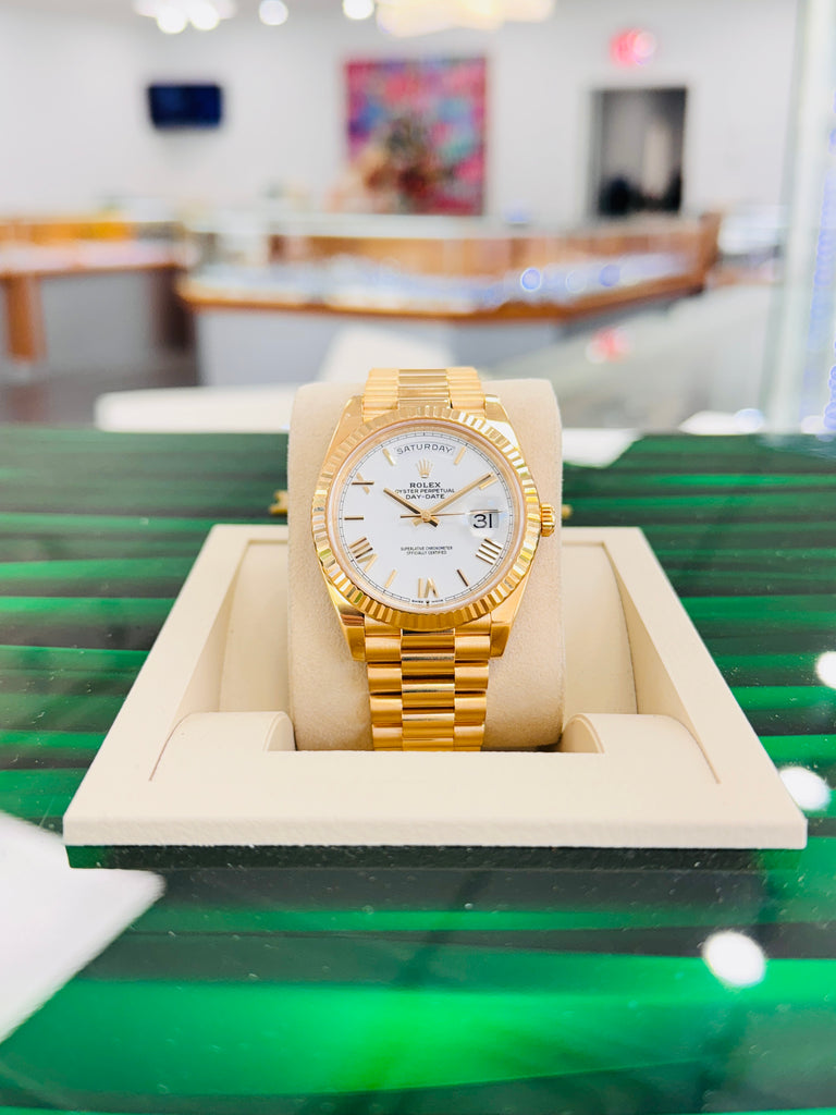 Rolex DayDate 40 18K Yellow Gold 228238 White Roman Dial Box and Papers MINT