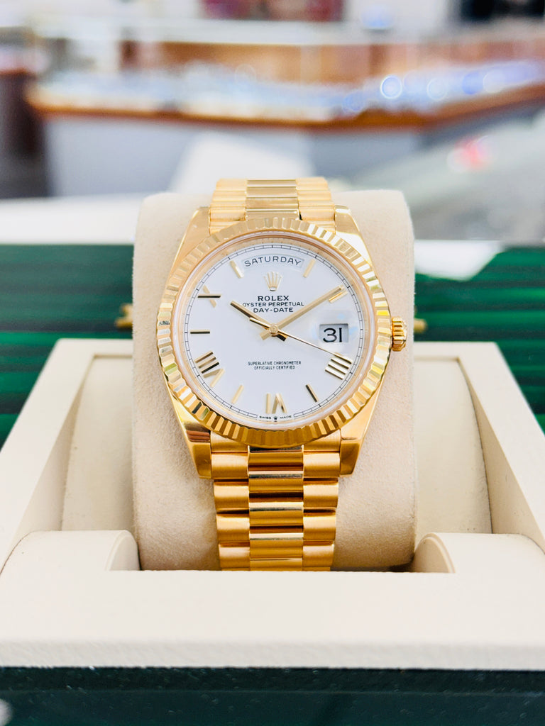Rolex DayDate 40 18K Yellow Gold 228238 White Roman Dial Box and Papers MINT