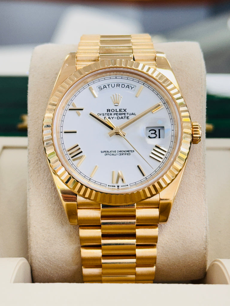 Rolex DayDate 40 18K Yellow Gold 228238 White Roman Dial Box and Papers MINT