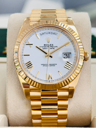Rolex DayDate 40 18K Yellow Gold 228238 White Roman Dial Box and Papers MINT - Diamonds East Intl.