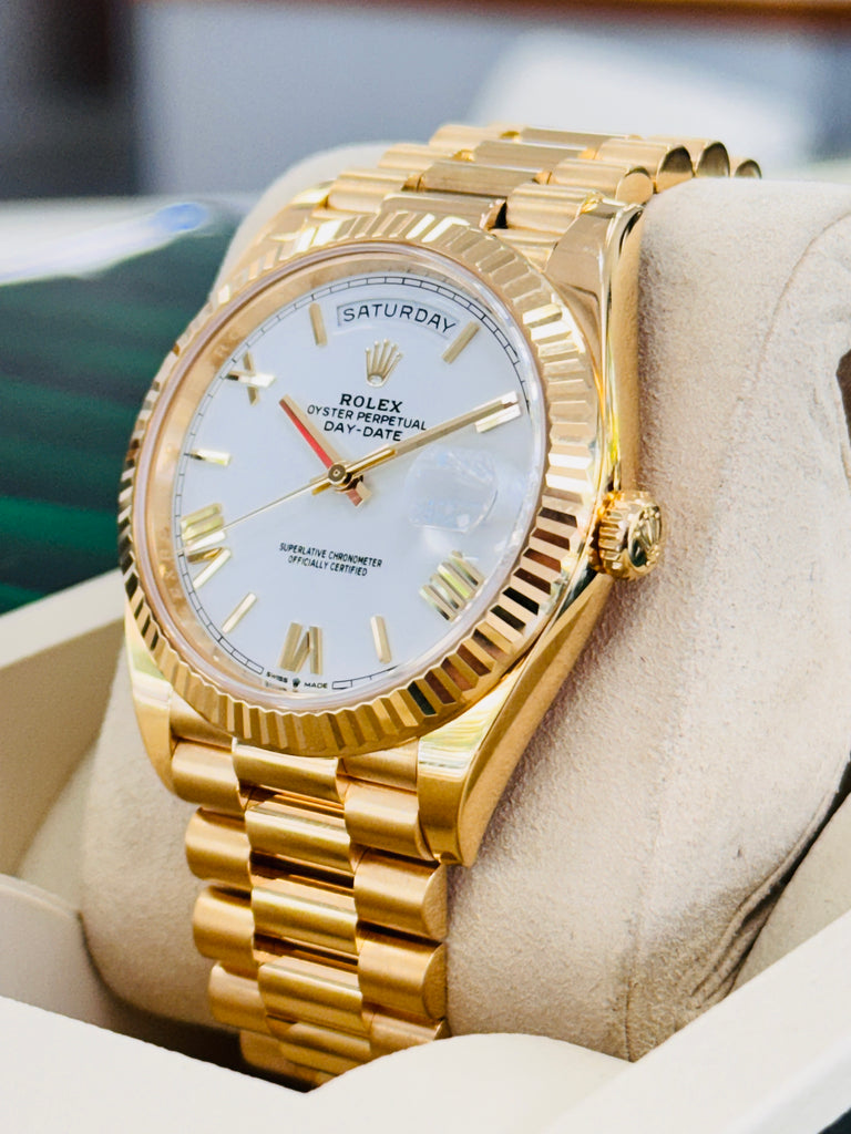 Rolex DayDate 40 18K Yellow Gold 228238 White Roman Dial Box and Papers MINT