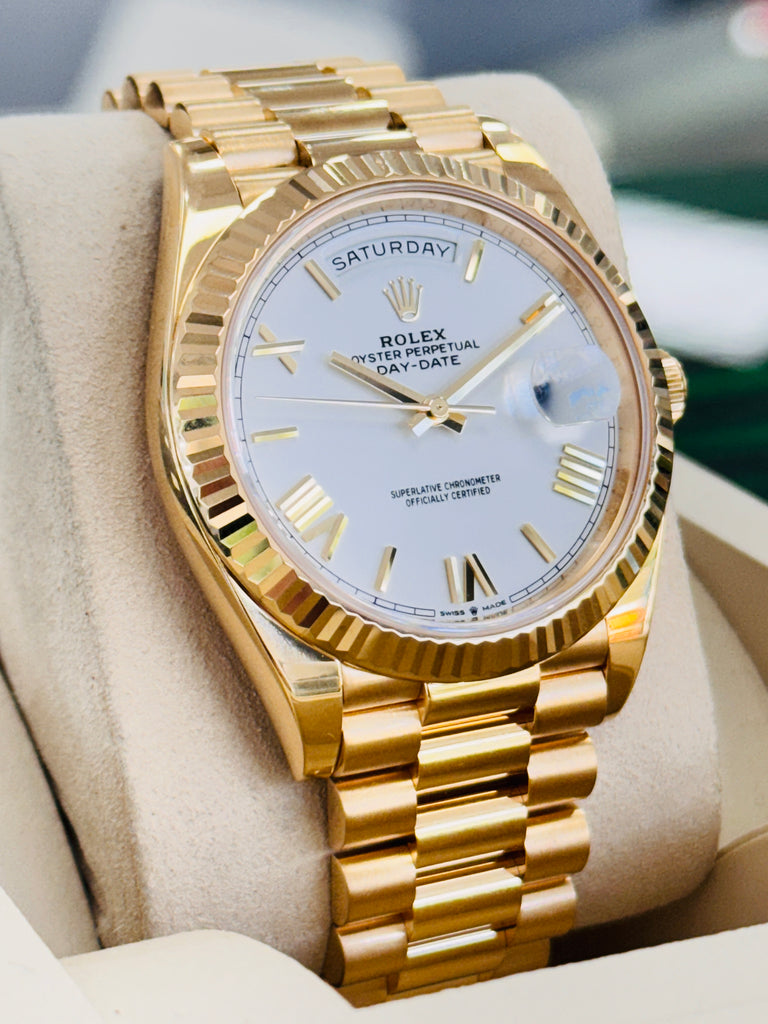 Rolex DayDate 40 18K Yellow Gold 228238 White Roman Dial Box and Papers MINT