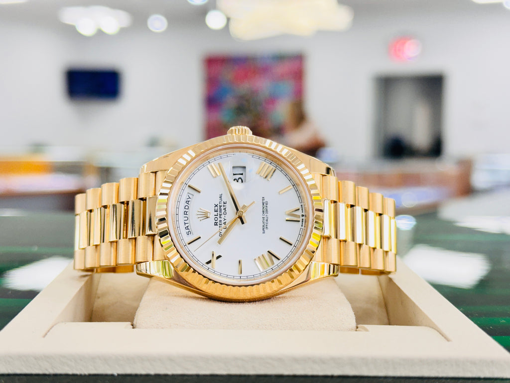 Rolex DayDate 40 18K Yellow Gold 228238 White Roman Dial Box and Papers MINT