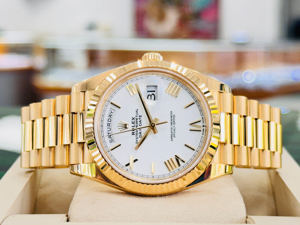 Rolex DayDate 40 18K Yellow Gold 228238 White Roman Dial Box and Papers MINT