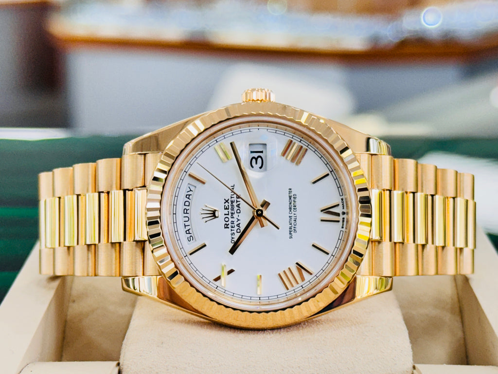 Rolex DayDate 40 18K Yellow Gold 228238 White Roman Dial Box and Papers MINT