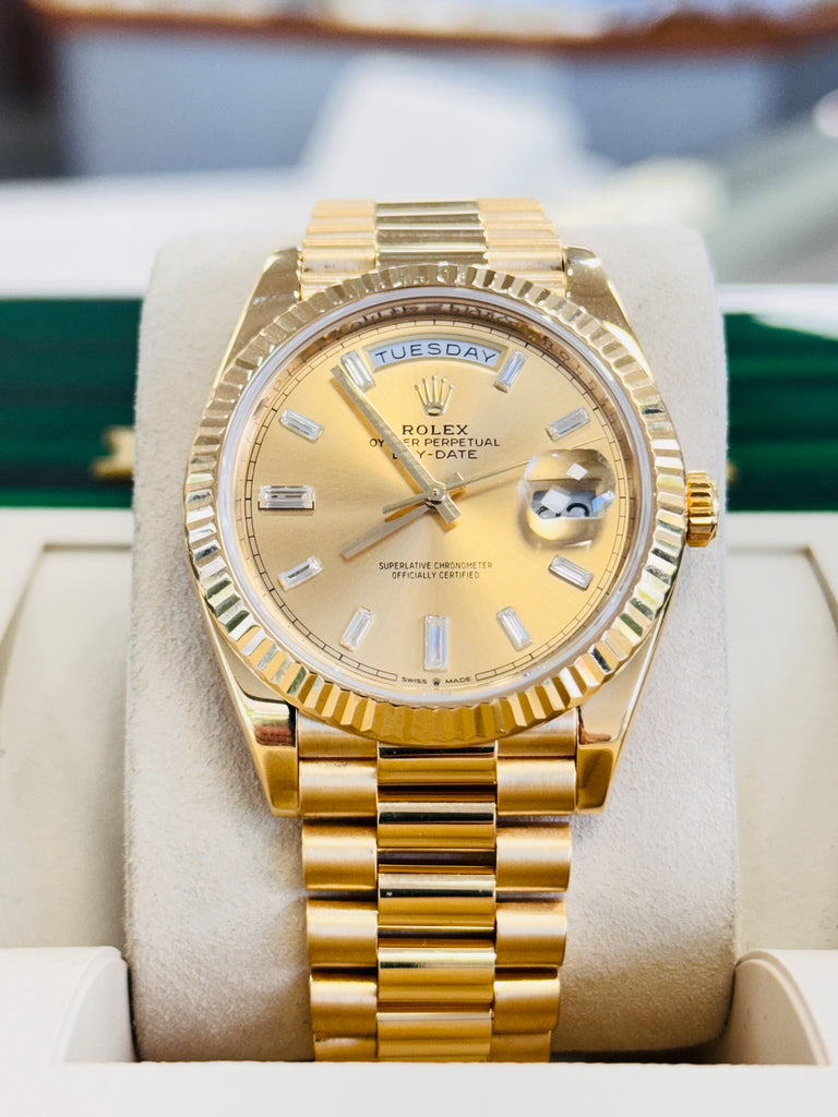 Rolex DayDate 40  228238 Factory Baguette Diamond Dial  Box and Papers PreOwned
