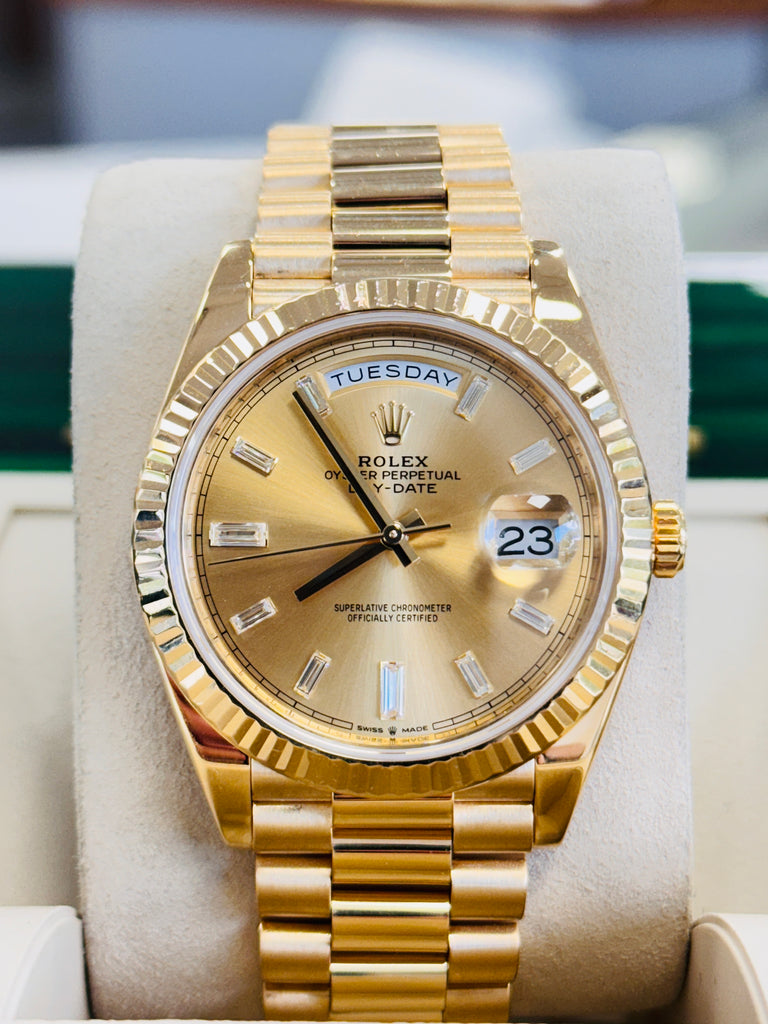 Rolex DayDate 40  228238 Factory Baguette Diamond Dial  Box and Papers PreOwned