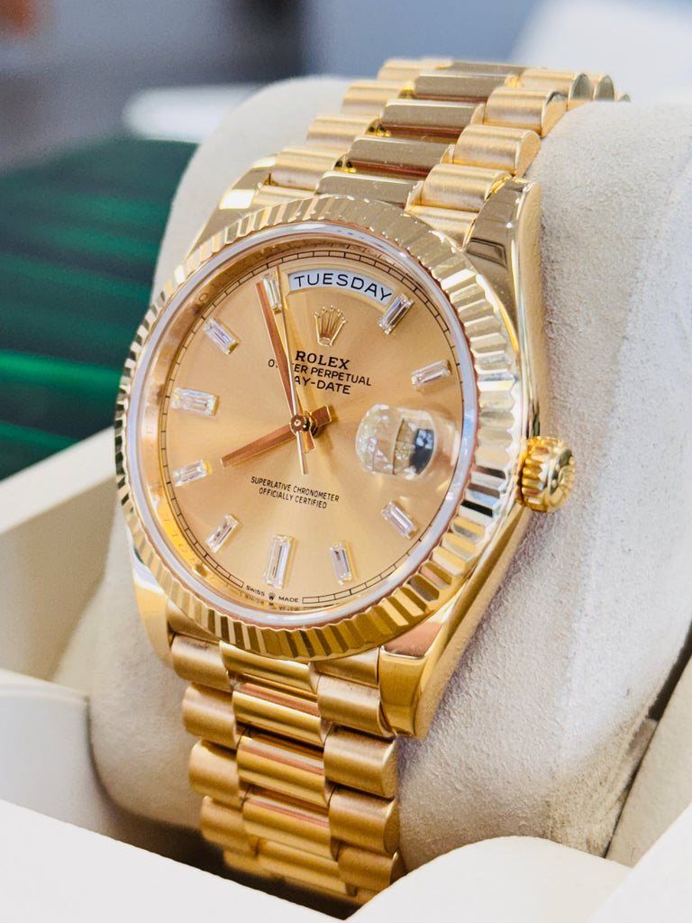 Rolex DayDate 40  228238 Factory Baguette Diamond Dial  Box and Papers PreOwned