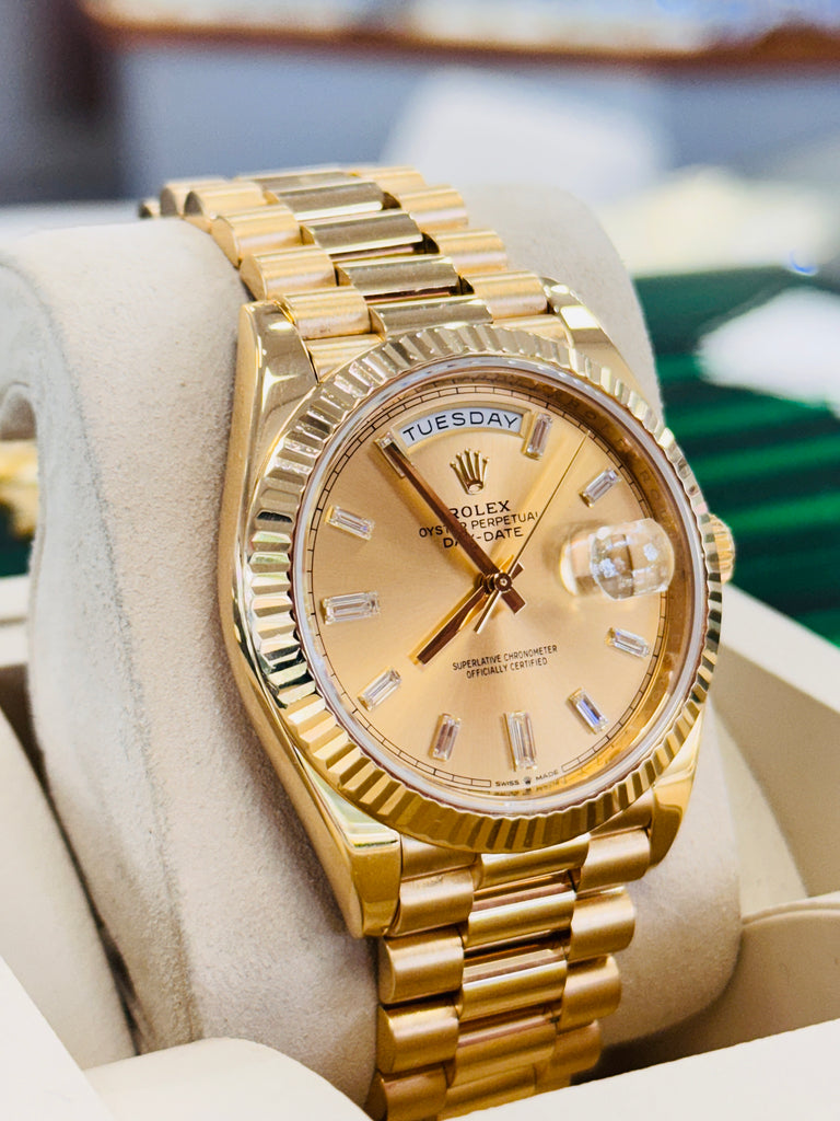 Rolex DayDate 40  228238 Factory Baguette Diamond Dial  Box and Papers PreOwned