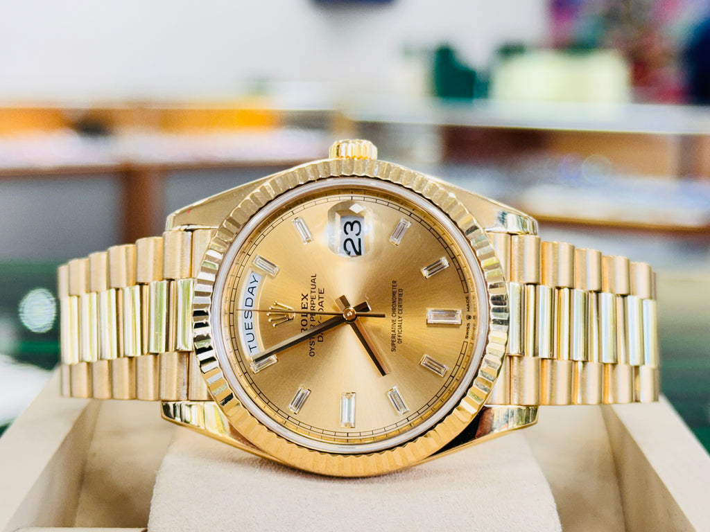 Rolex DayDate 40  228238 Factory Baguette Diamond Dial  Box and Papers PreOwned