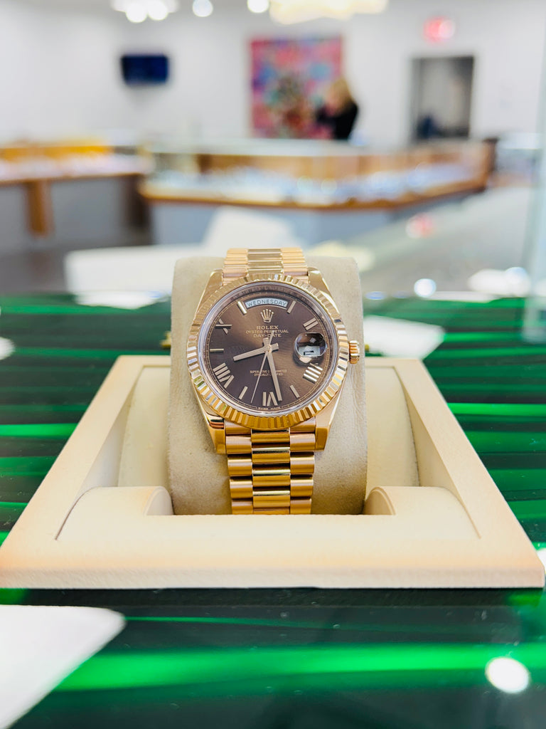 Rolex Day-Date 40 228235 Chocolate Roman President Rose Gold  Box and Papers PreOwned - Diamonds East Intl.