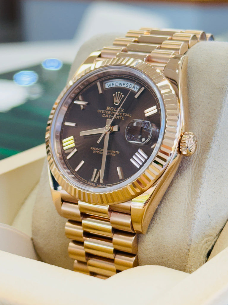 Rolex Day-Date 40 228235 Chocolate Roman President Rose Gold  Box and Papers PreOwned - Diamonds East Intl.