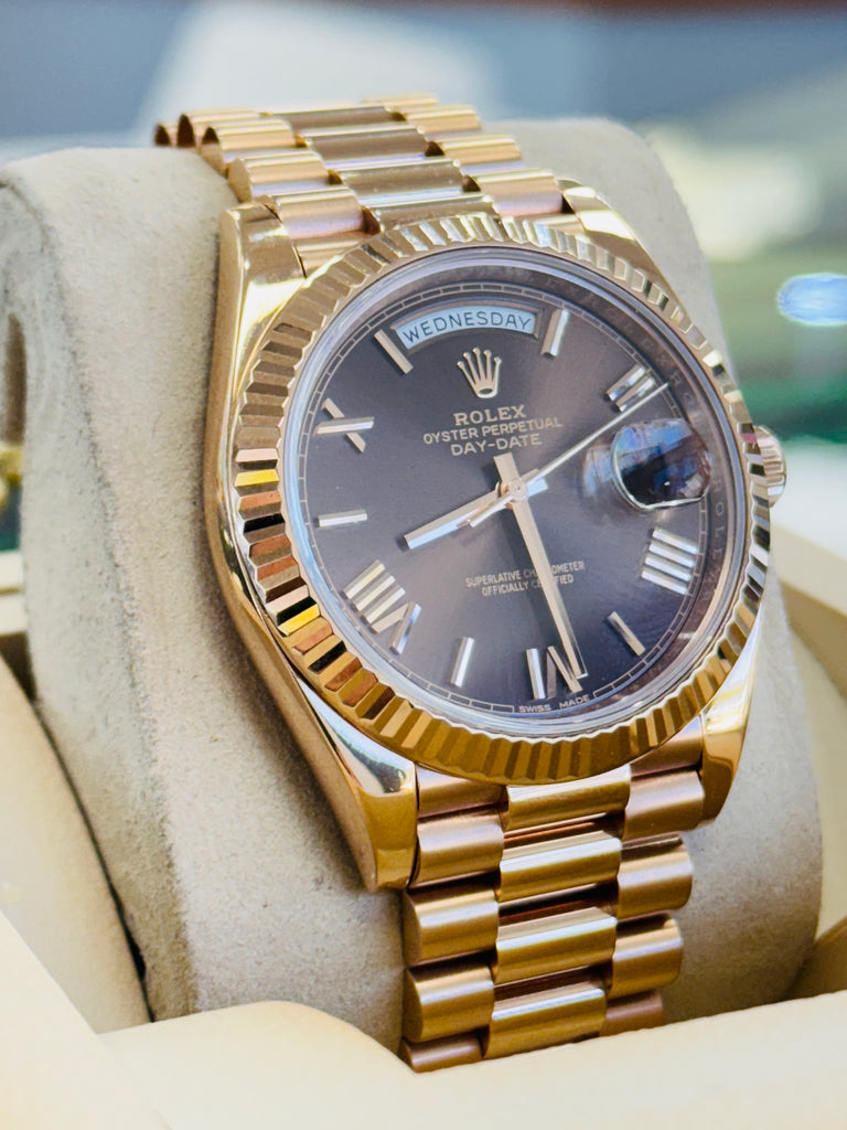 Rolex Day-Date 40 228235 Chocolate Roman President Rose Gold  Box and Papers PreOwned - Diamonds East Intl.