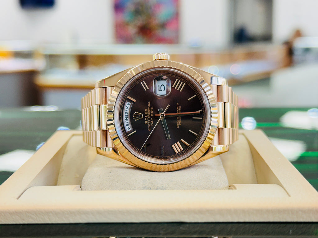 Rolex Day-Date 40 228235 Chocolate Roman President Rose Gold  Box and Papers PreOwned - Diamonds East Intl.