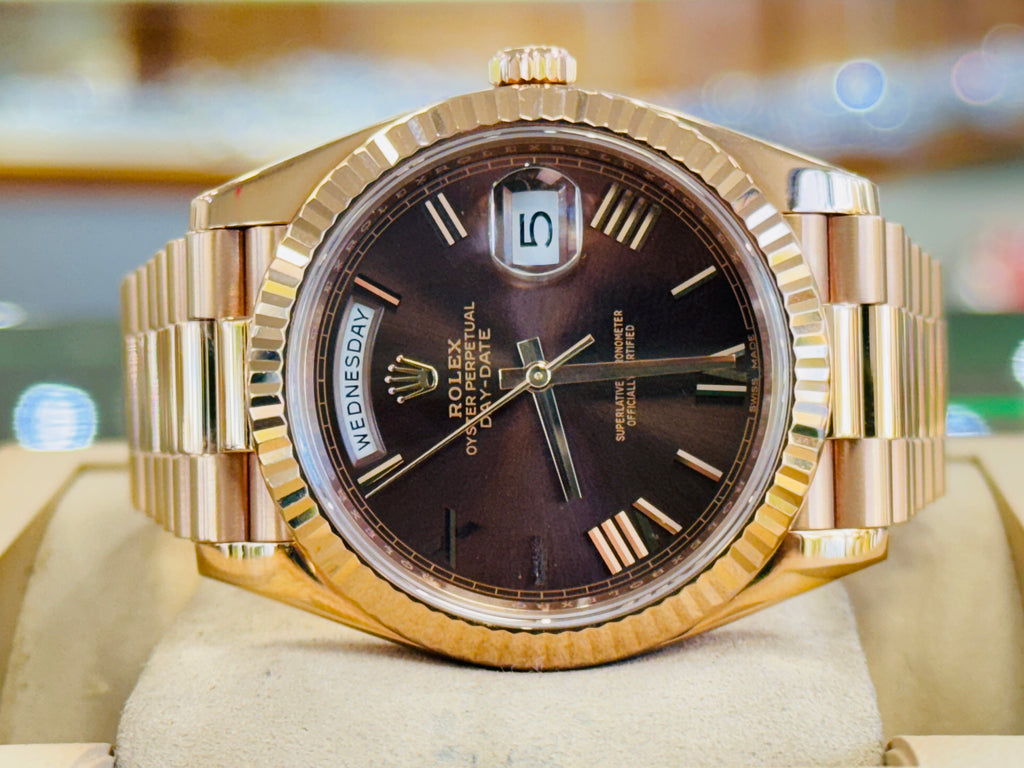 Rolex Day-Date 40 228235 Chocolate Roman President Rose Gold  Box and Papers PreOwned - Diamonds East Intl.