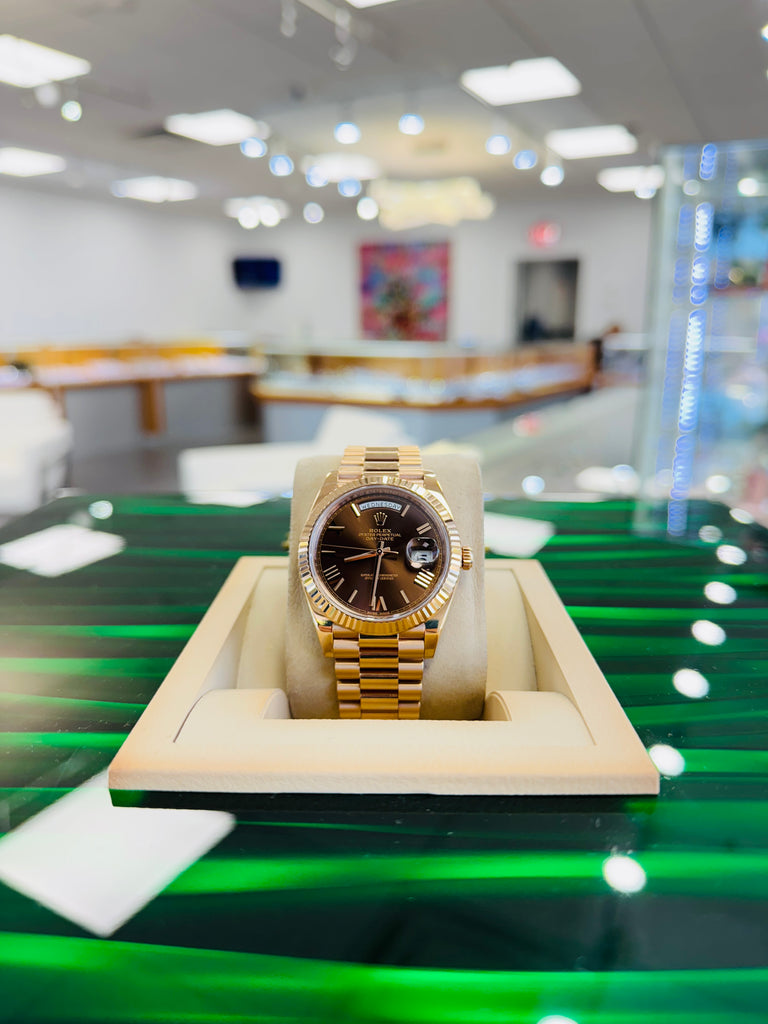 Rolex Day-Date 40 228235 Chocolate Roman President Rose Gold  Box and Papers PreOwned - Diamonds East Intl.