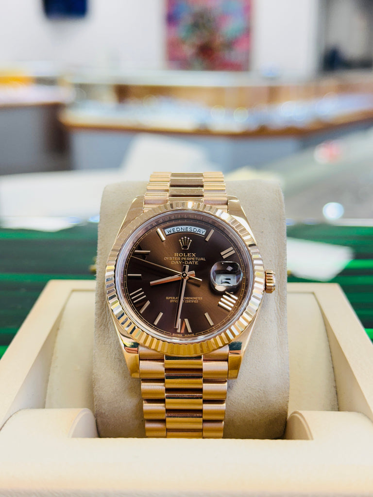 Rolex Day-Date 40 228235 Chocolate Roman President Rose Gold  Box and Papers PreOwned - Diamonds East Intl.