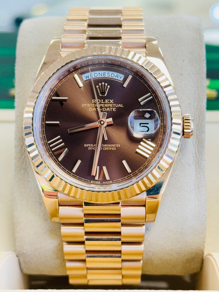 Rolex Day-Date 40 228235 Chocolate Roman President Rose Gold  Box and Papers PreOwned - Diamonds East Intl.