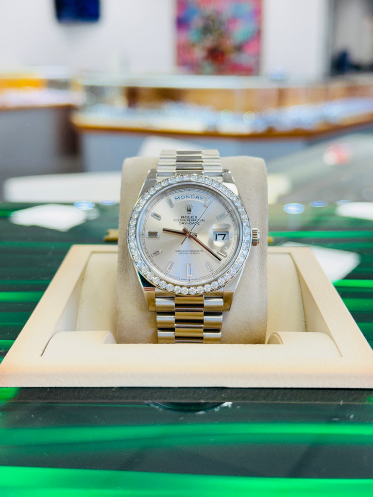 Rolex Day-Date 40 228349RBR President White Gold Factory Silver Baguette Diamond Dial & Diamond Bezel MINT 