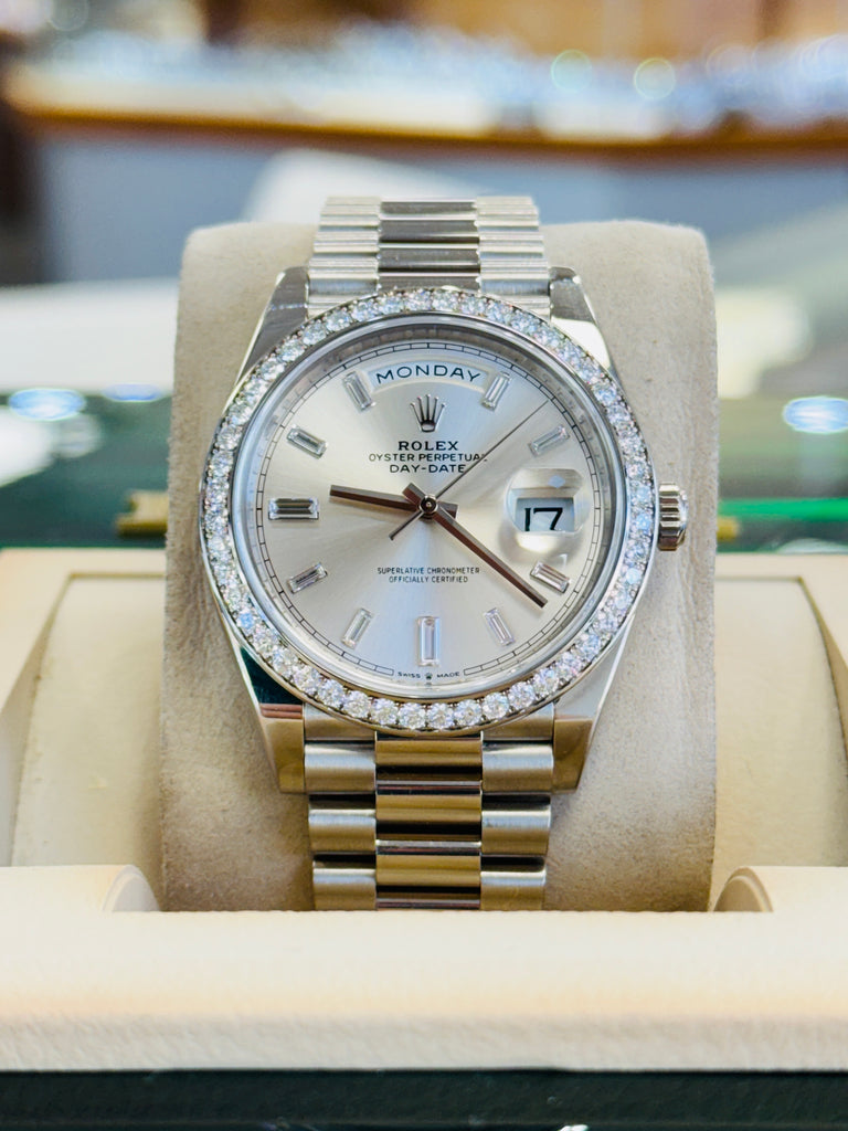 Rolex Day-Date 40 228349RBR President White Gold Factory Silver Baguette Diamond Dial & Diamond Bezel MINT 
