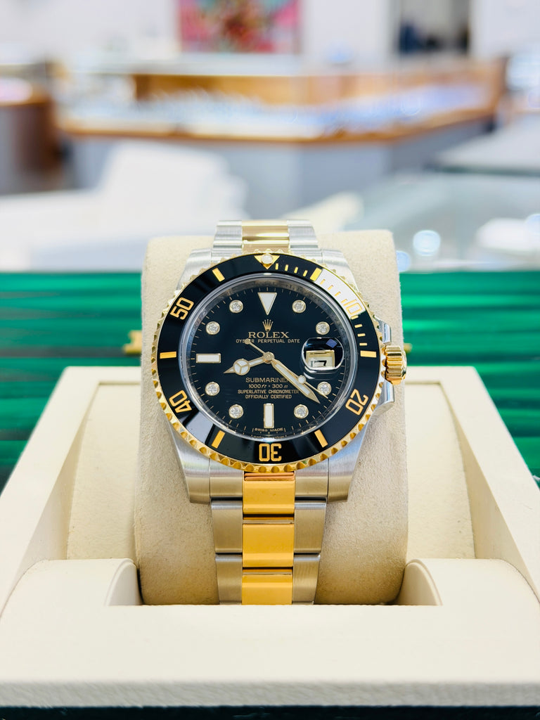 Rolex Submariner Date 116613LN Black Serti Dial  Two-Tone Yellow Gold & Steel 40  Box and Papers PreOwned - Diamonds East Intl.
