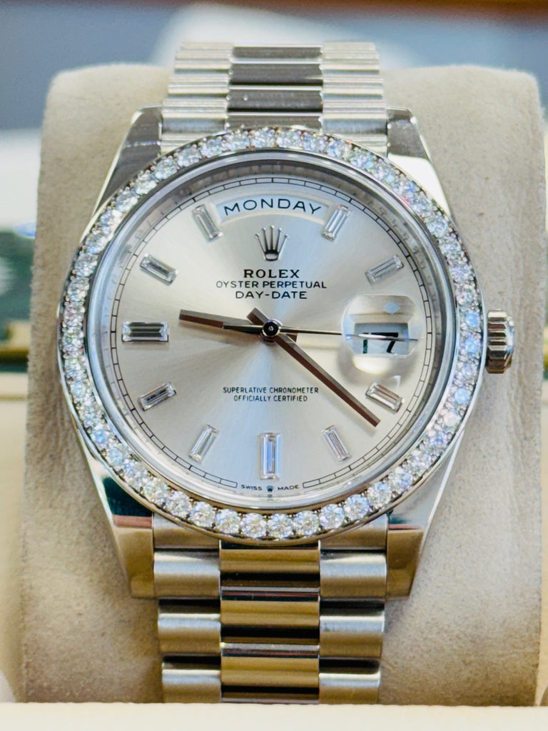 Rolex Day-Date 40 228349RBR President White Gold Factory Silver Baguette Diamond Dial & Diamond Bezel MINT 