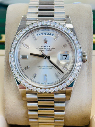 Rolex Day-Date 40 228349RBR President White Gold Factory Silver Baguette Diamond Dial & Diamond Bezel MINT 