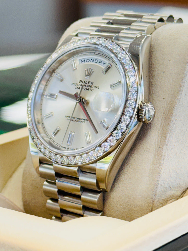 Rolex Day-Date 40 228349RBR President White Gold Factory Silver Baguette Diamond Dial & Diamond Bezel MINT 
