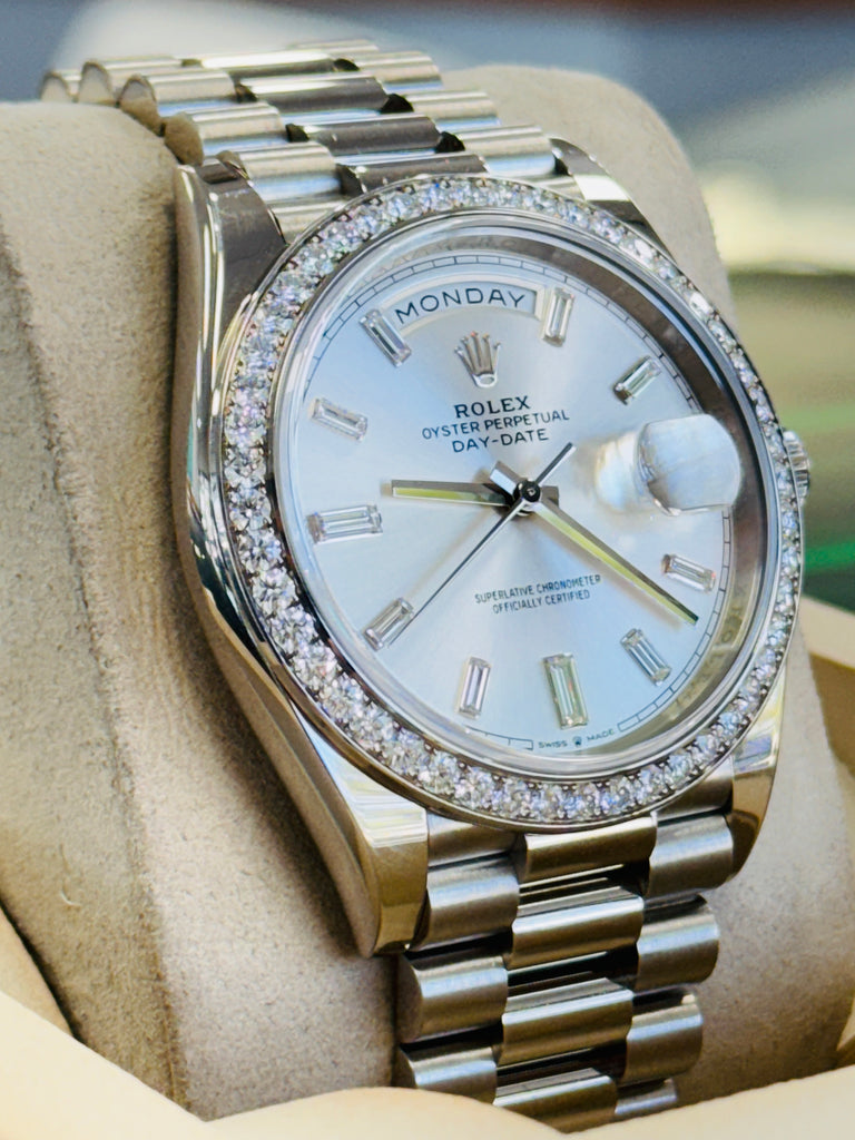 Rolex Day-Date 40 228349RBR President White Gold Factory Silver Baguette Diamond Dial & Diamond Bezel MINT 