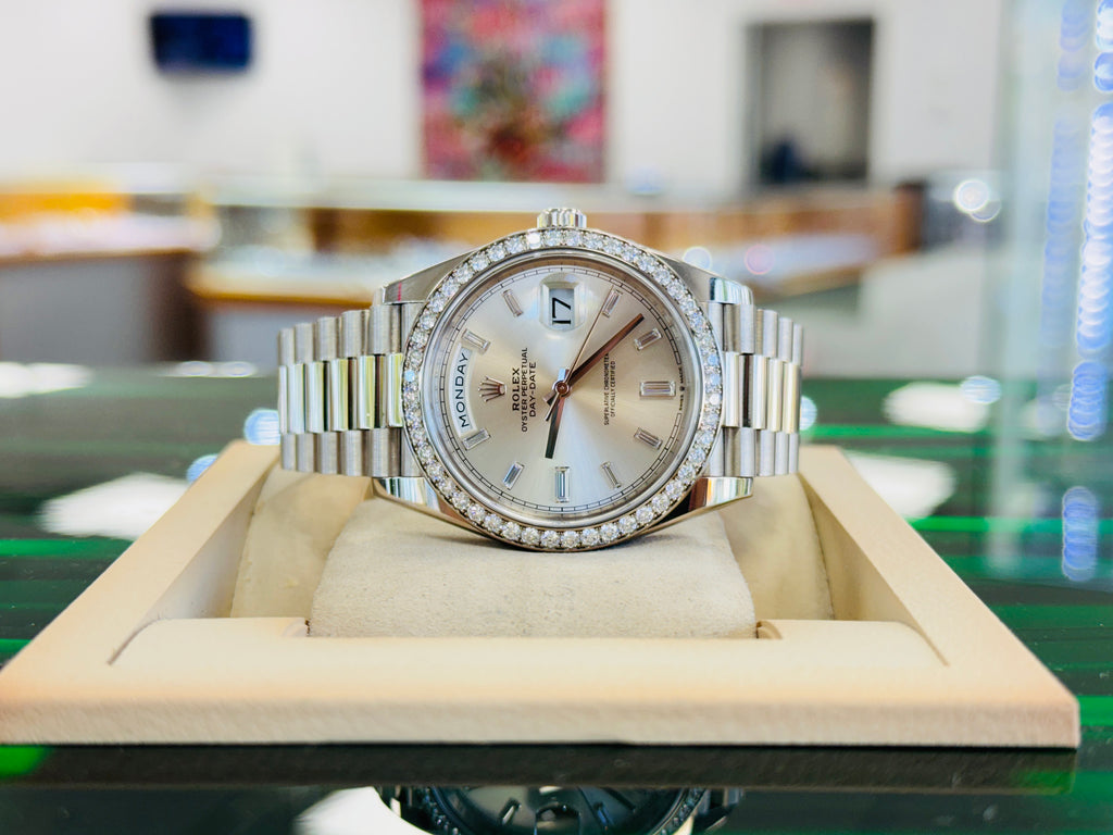 Rolex Day-Date 40 228349RBR President White Gold Factory Silver Baguette Diamond Dial & Diamond Bezel MINT - Diamonds East Intl.