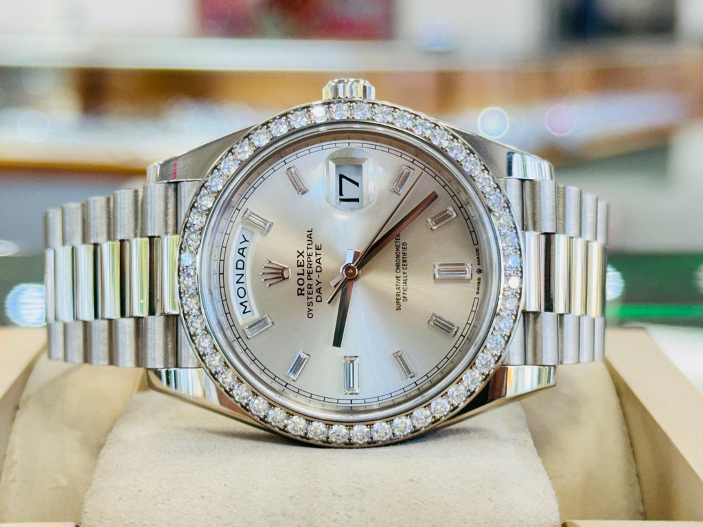 Rolex Day-Date 40 228349RBR President White Gold Factory Silver Baguette Diamond Dial & Diamond Bezel MINT - Diamonds East Intl.