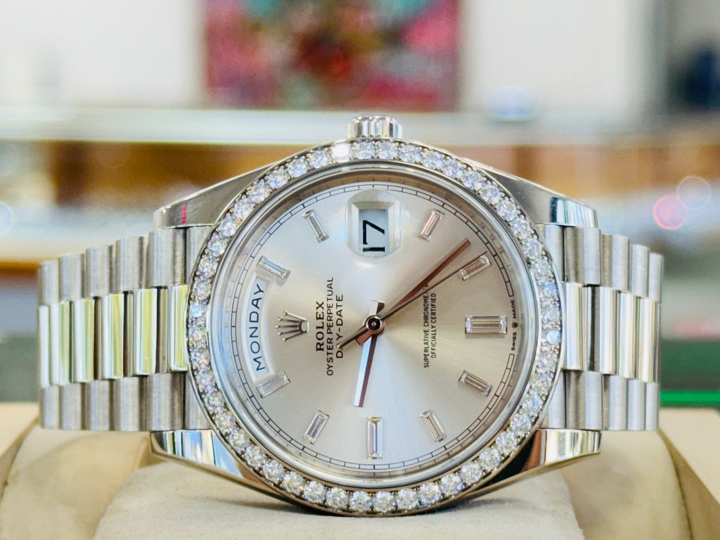 Rolex Day-Date 40 228349RBR President White Gold Factory Silver Baguette Diamond Dial & Diamond Bezel MINT - Diamonds East Intl.