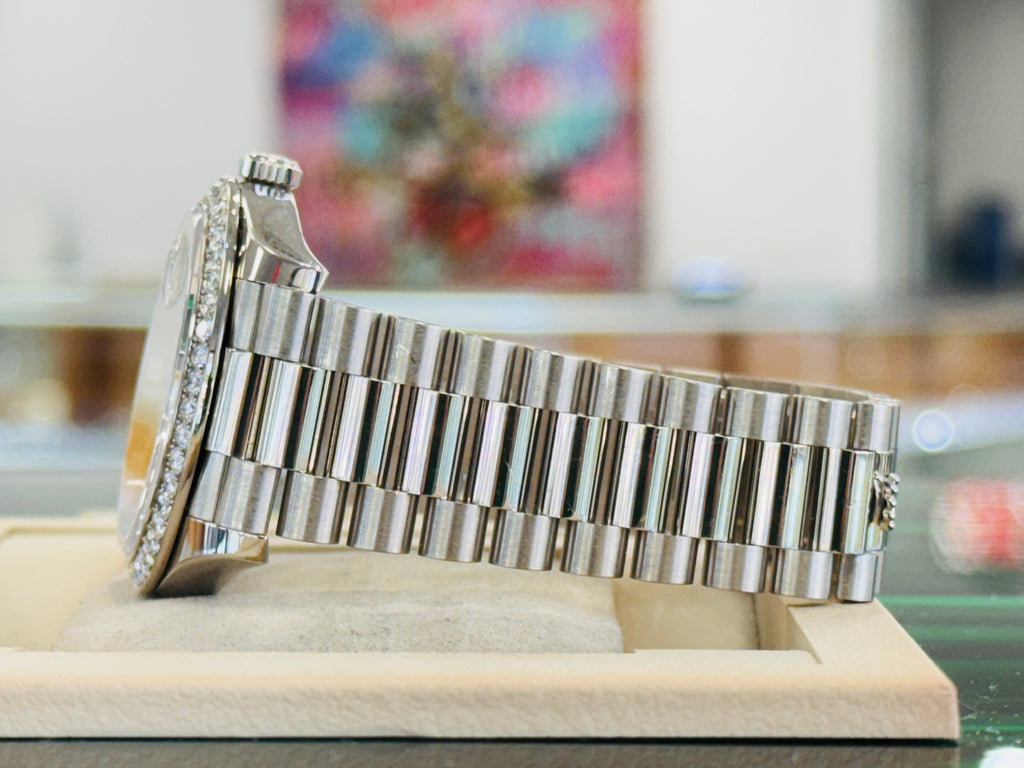 Rolex Day-Date 40 228349RBR President White Gold Factory Silver Baguette Diamond Dial & Diamond Bezel MINT - Diamonds East Intl.