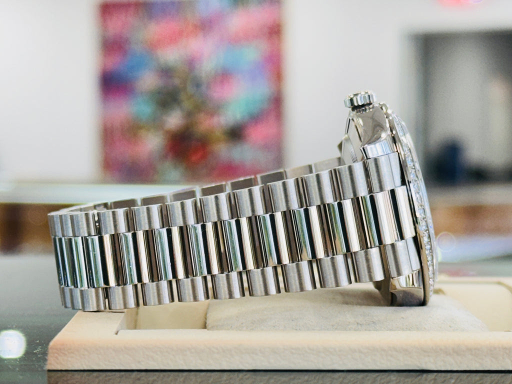Rolex Day-Date 40 228349RBR President White Gold Factory Silver Baguette Diamond Dial & Diamond Bezel MINT - Diamonds East Intl.