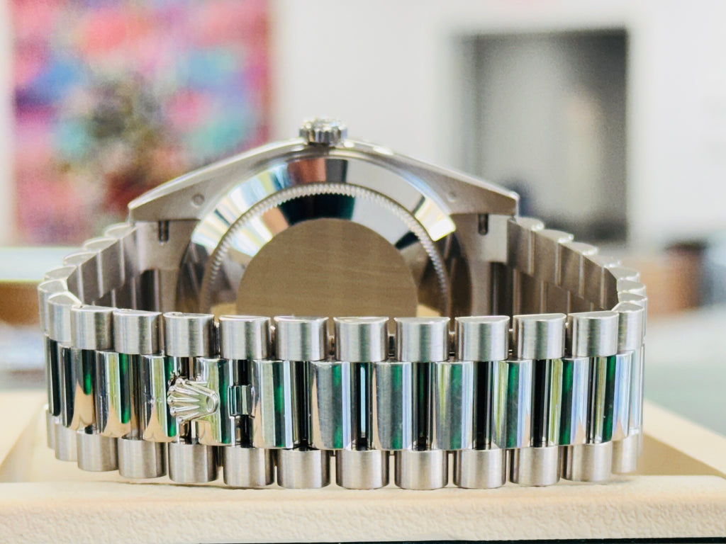 Rolex Day-Date 40 228349RBR President White Gold Factory Silver Baguette Diamond Dial & Diamond Bezel MINT - Diamonds East Intl.