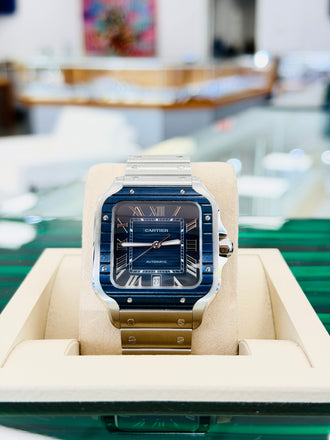 Cartier Santos De Cartier WSSA0048 Blue Dial Large Blue PVD Bezel  PreOwned Box and Papers - Diamonds East Intl.