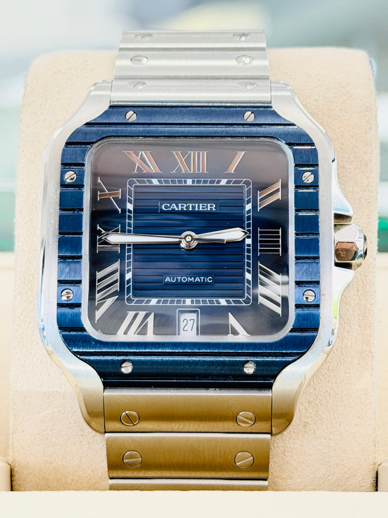Cartier Santos De Cartier WSSA0048 Blue Dial Large Blue PVD Bezel  PreOwned Box and Papers - Diamonds East Intl.