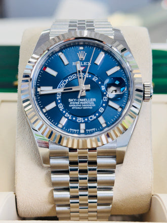 Rolex Sky-Dweller 336934 BLUSO  Blue Dial jubilee Stainless Steel  18k White Gold Bezel  Box and Papers PreOwned - Diamonds East Intl.