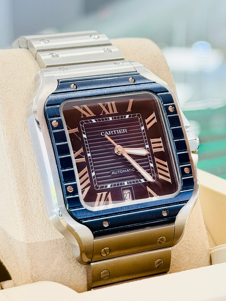 Cartier Santos De Cartier WSSA0048 Blue Dial Large Blue PVD Bezel  PreOwned Box and Papers - Diamonds East Intl.