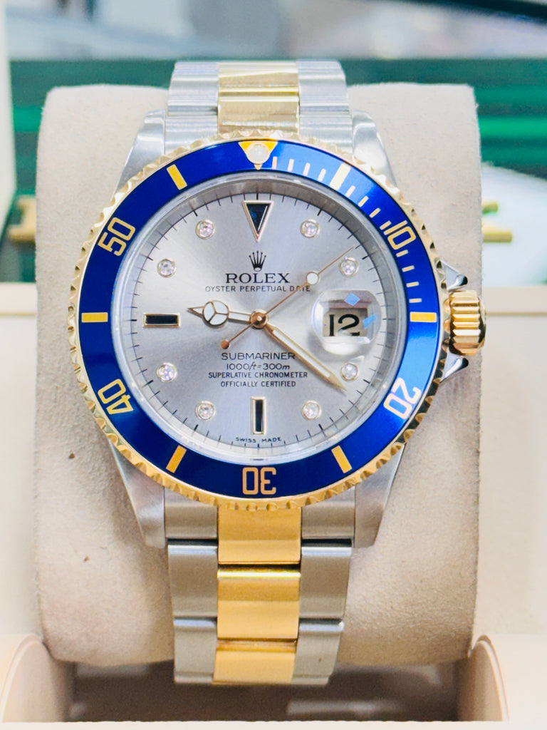 Rolex Submariner Date 16613 Yellow Gold Stainless Steel Oyster Preowned Factory Silver Diamond Serti Dial