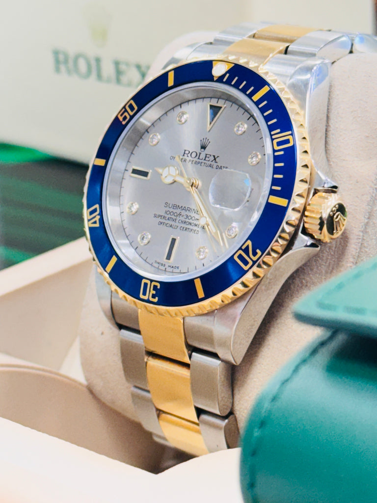 Rolex Submariner Date 16613 Yellow Gold Stainless Steel Oyster Preowned Factory Silver Diamond Serti Dial