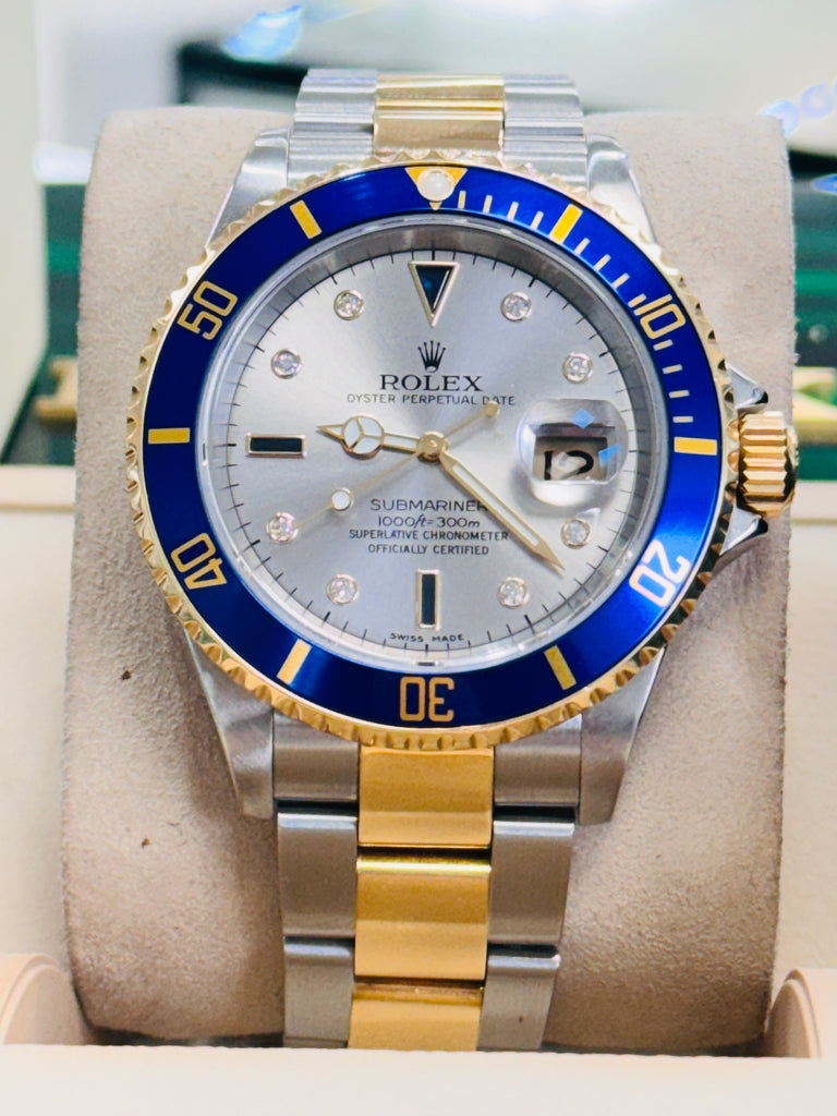 Rolex Submariner Date 16613 Yellow Gold Stainless Steel Oyster Preowned Factory Silver Diamond Serti Dial