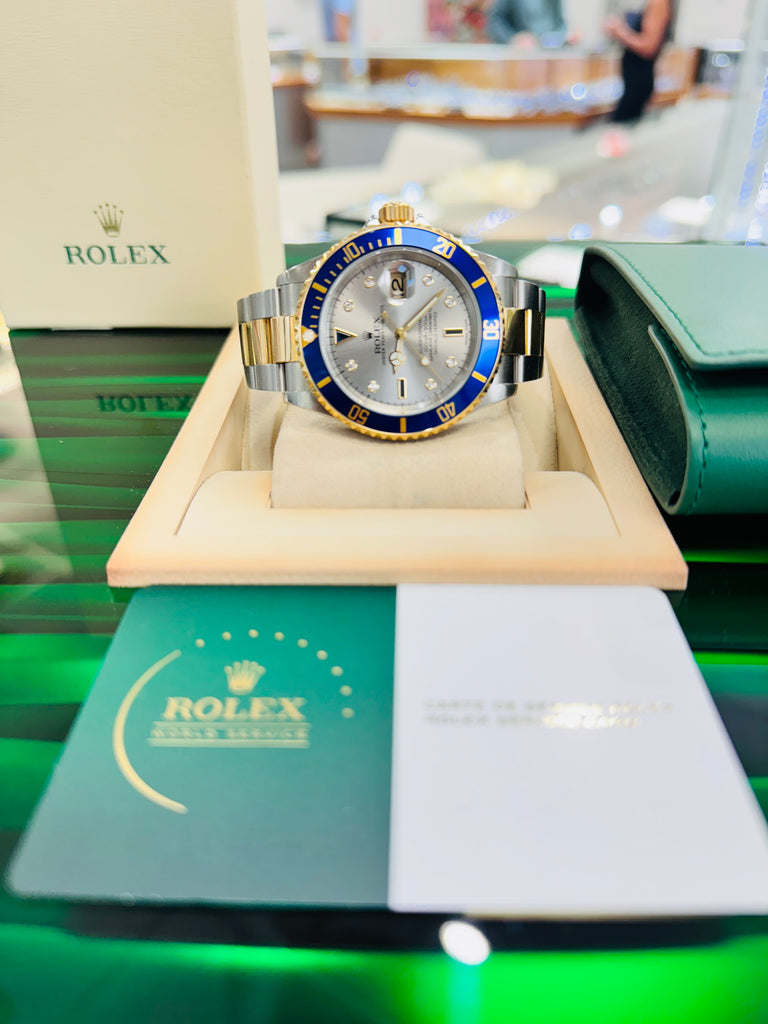 Rolex Submariner Date 16613 Yellow Gold Stainless Steel Oyster Preowned Factory Silver Diamond Serti Dial