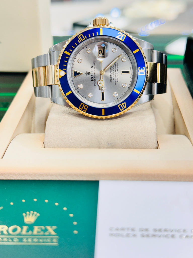 Rolex Submariner Date 16613 Yellow Gold Stainless Steel Oyster Preowned Factory Silver Diamond Serti Dial